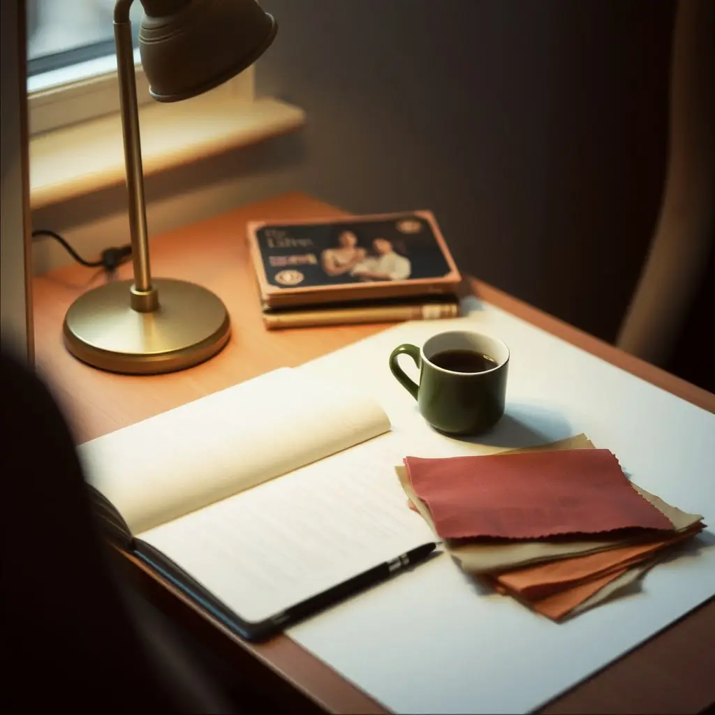 A writing desk with fabric swatches and a notebook