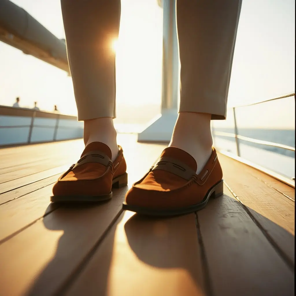 Suede loafers on a teak boat deck in late afternoon sun
