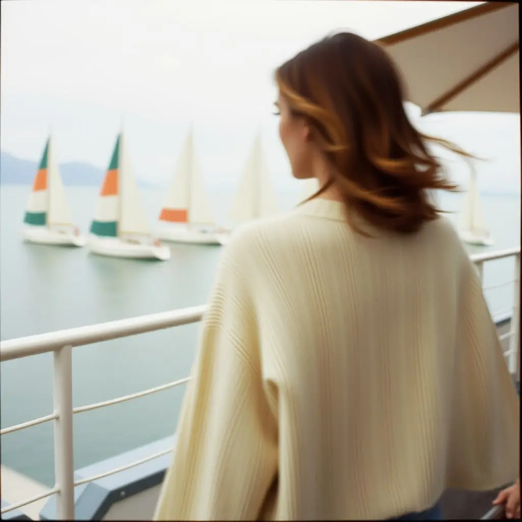 A figure in a white cable-knit sweater on a seaside club terrace