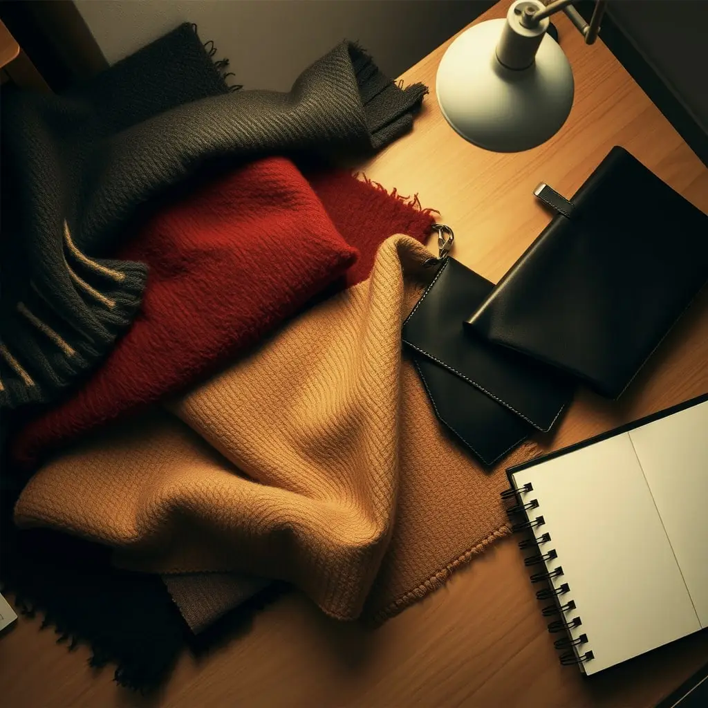 Swatches of wool, cashmere and leather beside a notebook