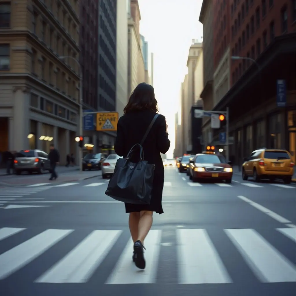 A woman carrying a slouchy black leather bag across a city crosswalk