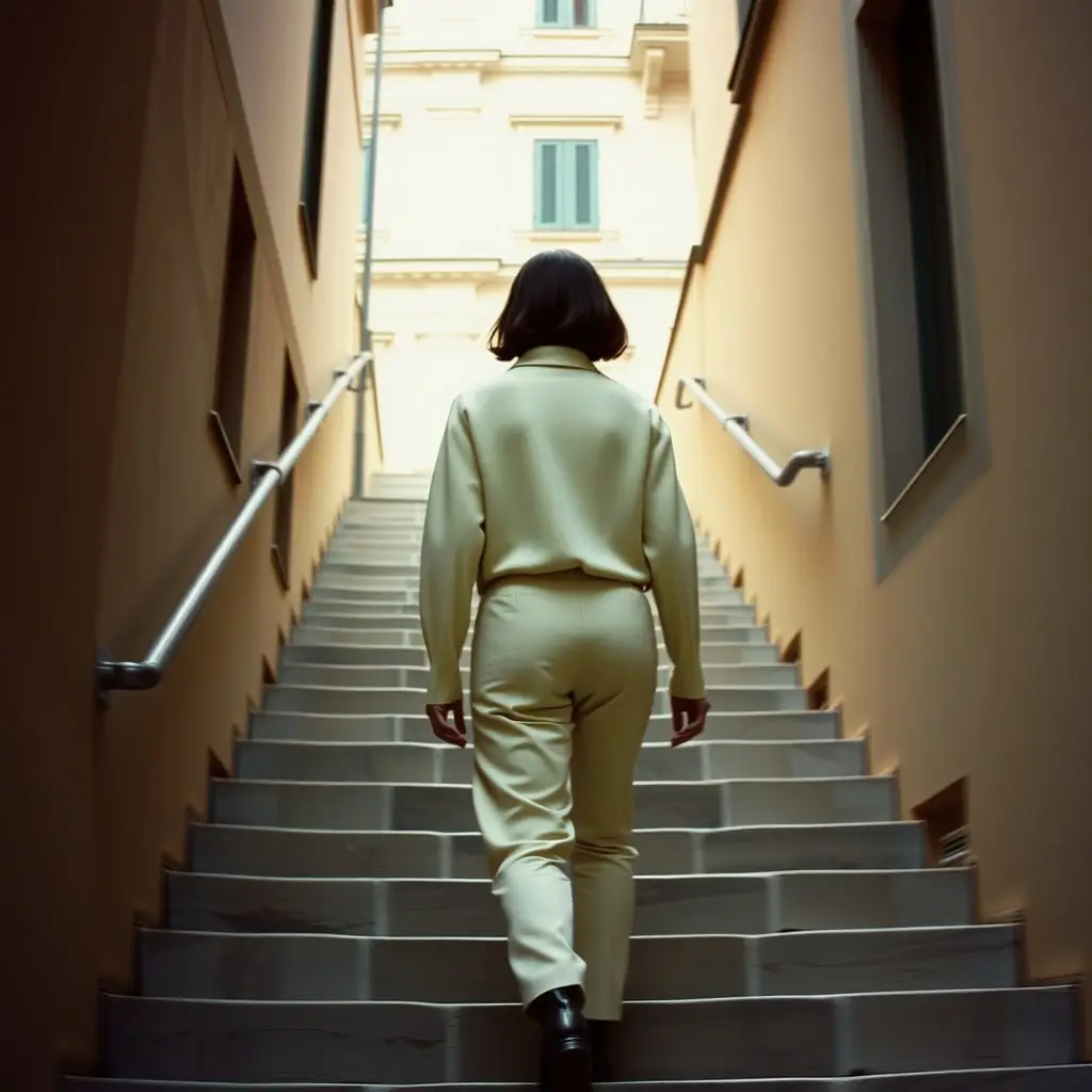 A woman in a cream knit walking down a stone staircase, blurred by motion